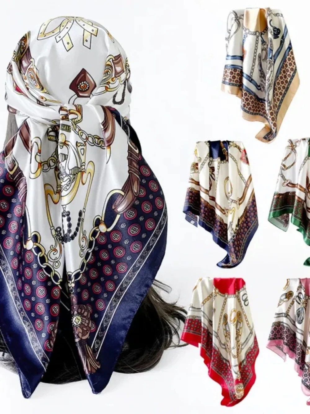 Silk-Feel Green & White Chain Print Scarf
